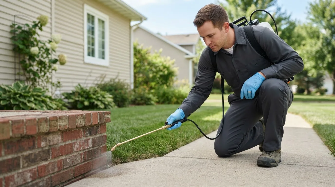 Pest control technician treating a home near Wanamingo, MN