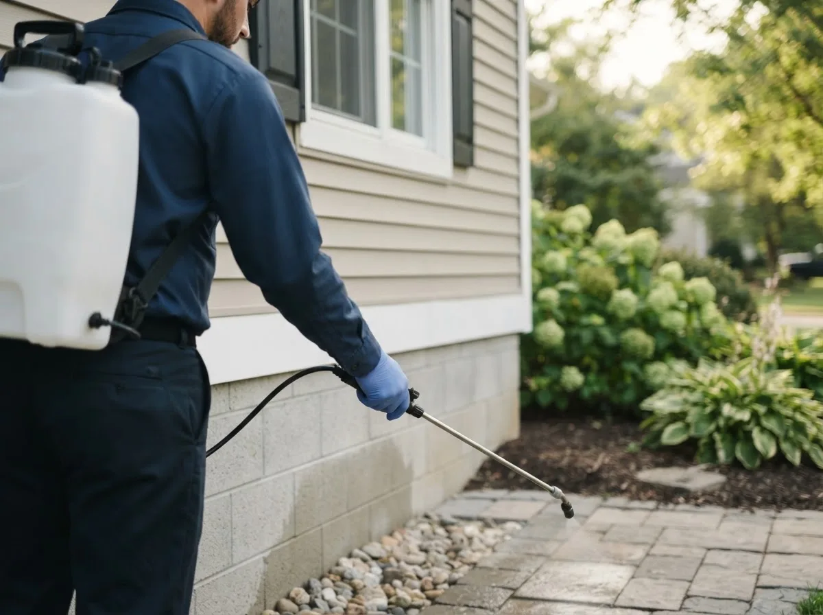 Pest control technician inspecting a home in Wanamingo, MN